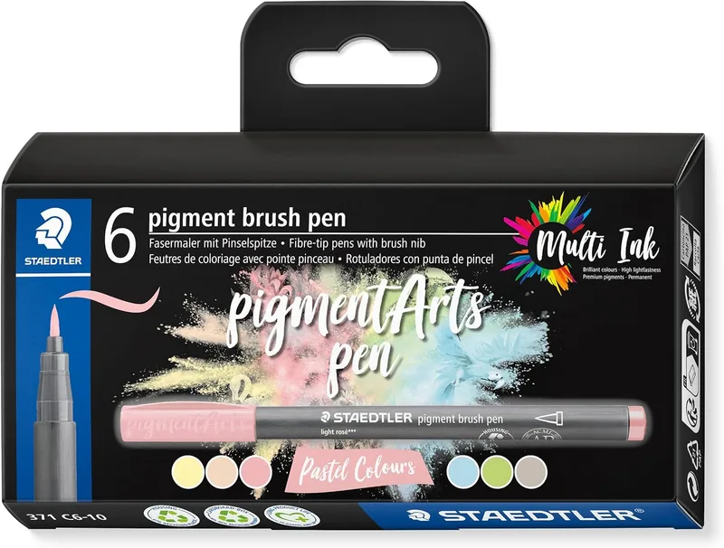 STAEDTLER ▫️ 371 C6-10 Pigment Arts - Marcadores com pincel, cores pastel sortidas (embalagem de 6)
