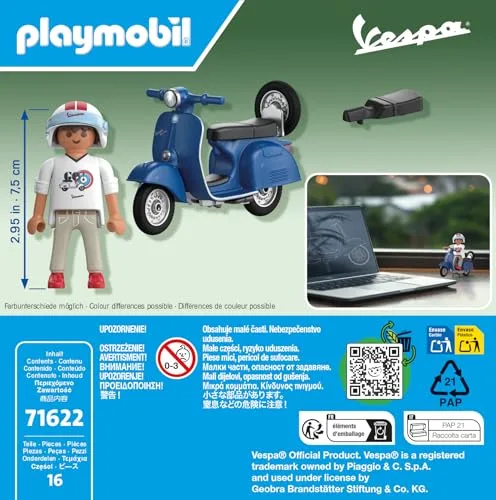 PLAYMOBIL ▫️ Cars 71622 Vespa 150 Sprint Veloce de 1969, Azul, modelo fiel para colecionadores e entusiastas, inclui acessórios versáteis e uma roda sobressalente amovível 7