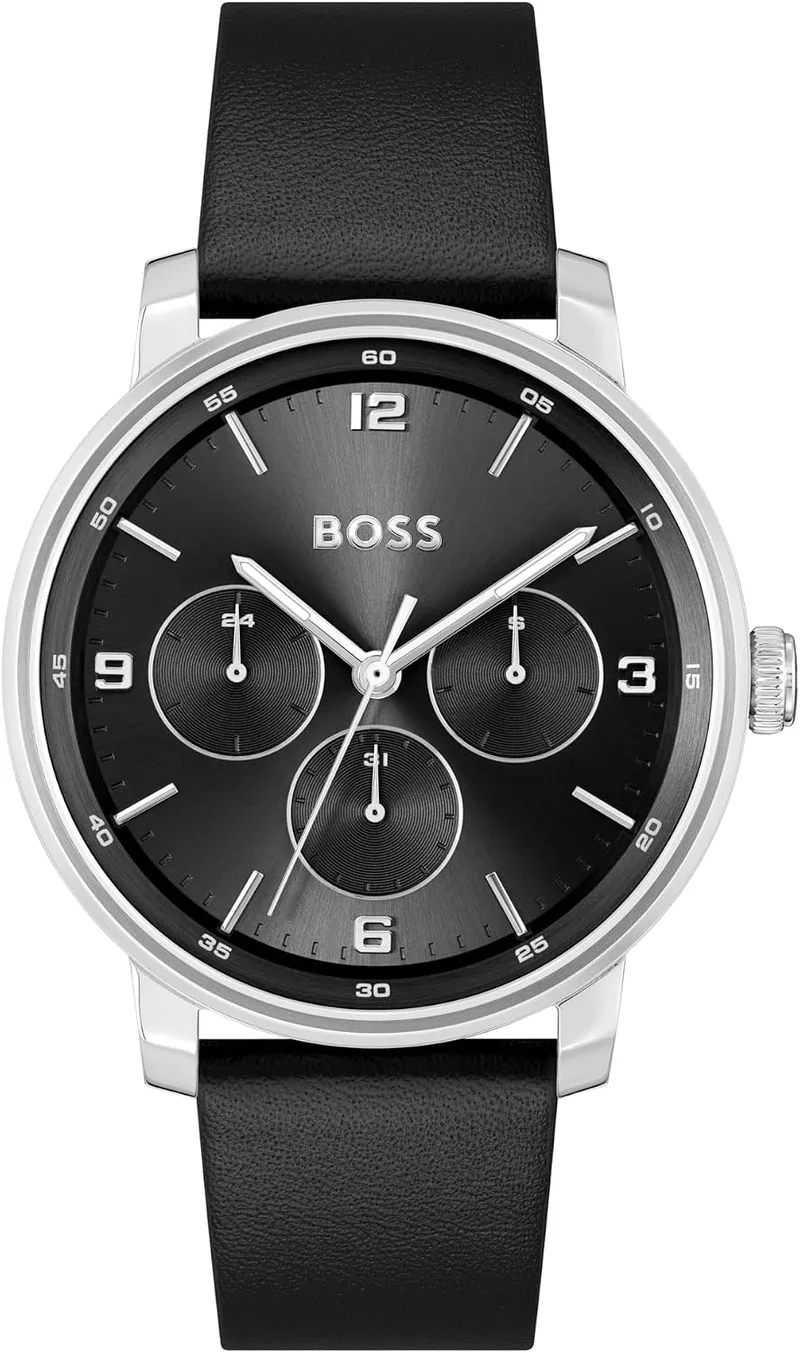 HUGO BOSS ▫️ Relógio analógico multifunções de quartzo da Boss para homem, da coleção Contender, com bracelete em pele preta ou castanha