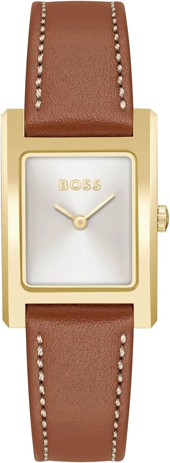 BOSS ▫️ Relógio de movimento de quartzo com dois ponteiros para mulher, da coleção Lucy, com bracelete em aço inoxidável ou em pele e caixa retangular