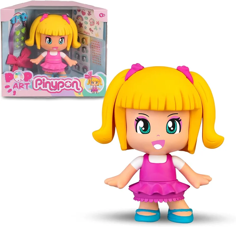 Pinypon ▫️ Pop & Art, boneca de 17 cm para decorar e personalizar com acessórios, autocolantes, purpurina, tranças e tecidos; inclui uma caneta com purpurina roxa e diamantes; a partir dos 4 anos; Famosa (PNY56000)