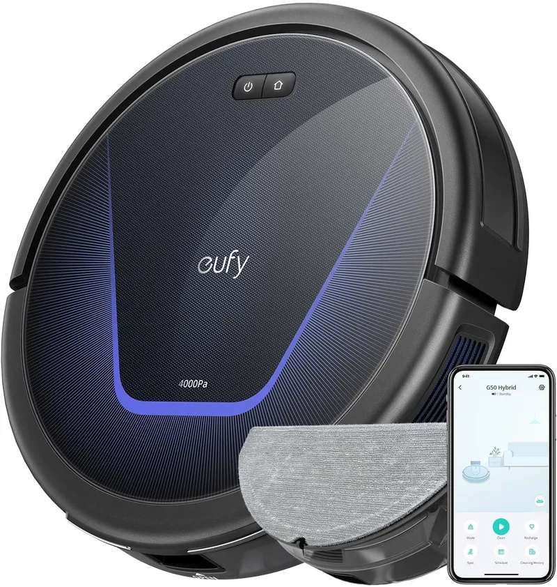 eufy ▫️ Robô aspirador G50 Hybrid com potente sucção de 4 000 Pa, navegação dinâmica, escova anti-emaranhamento Pro, escova de rolos, esfregona para limpeza leve, pêlos de animais de estimação, pisos duros, alcatifa