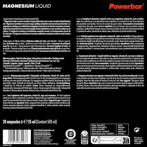 PowerBar ▫️ Black Line - Magnésio Líquido - 20x25 ml - 250 mg de magnésio - Vitamina B6 5