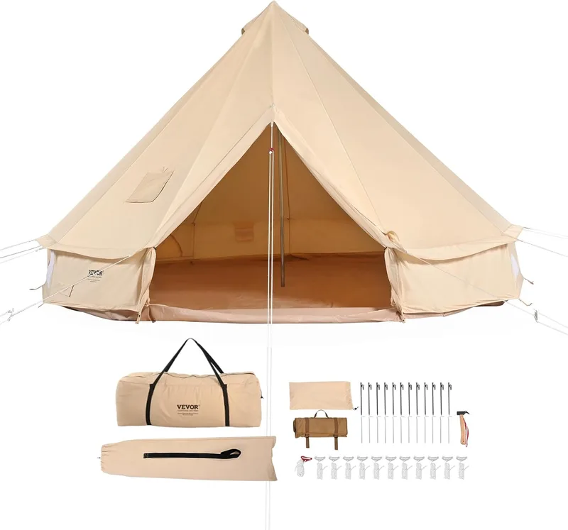 VEVOR ▫️ Tenda de campismo de lona para 4 estações, tenda de campismo de lona com tomada para fogão, tenda respirável que comporta pessoas, campismo familiar ao ar livre