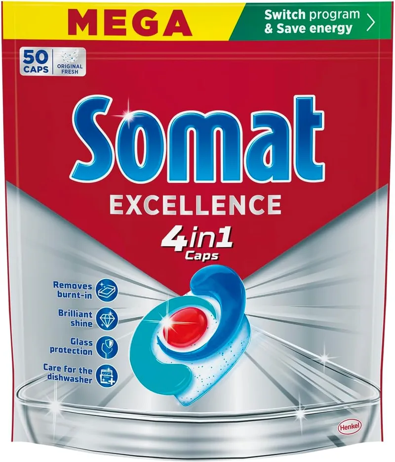 Somat ▫️ Excellence 4 em 1 Pastilhas (1 x 50 pastilhas), detergente para máquina de lavar louça que elimina resíduos queimados, pastilhas para máquina de lavar louça com excelente brilho, sabão para louça