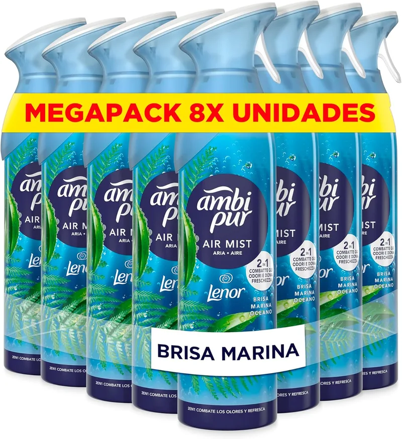 AMBIPUR ▫️ Sea Breeze Air Freshener Spray 185ml x 8, com uma fragrância duas vezes mais duradoura que elimina os odores e deixa um aroma fresco e leve.