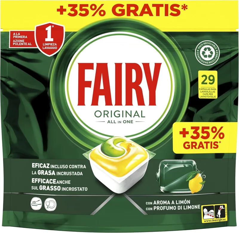 FAIRY ▫️ Original All-In-One Dishwasher Capsules, Limão, 29 Cápsulas, Eficaz mesmo em gorduras secas