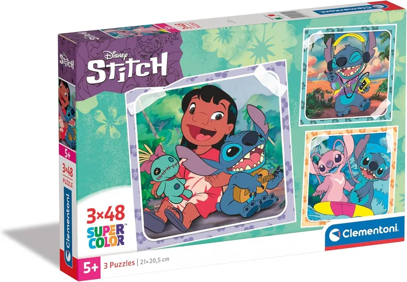 Clementoni ▫️ Puzzle - Disney Stitch - 3 Puzzles infantis supercoloridos 48 peças, para crianças dos 5 aos 7 anos, desenvolve a concentração mental e a lógica, 25321