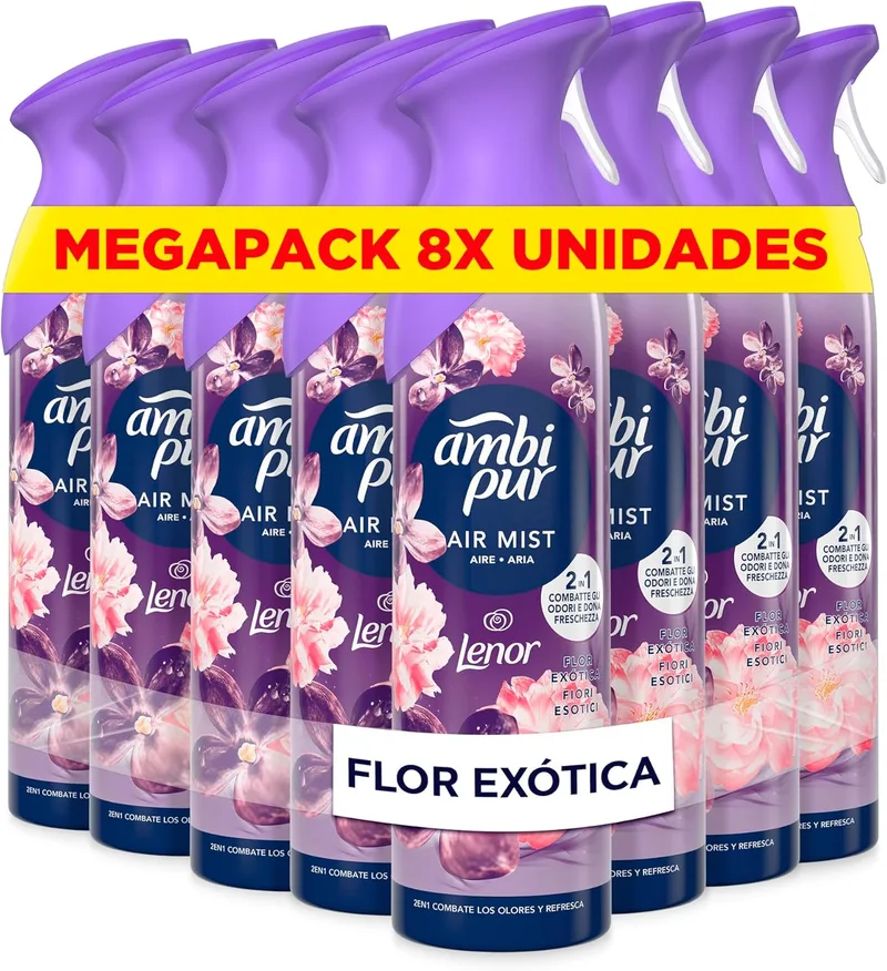 AMBIPUR ▫️ Exotic Flower Air Freshener Spray 185ml x 8, com uma fragrância duas vezes mais duradoura que elimina os odores e deixa um aroma fresco e leve.