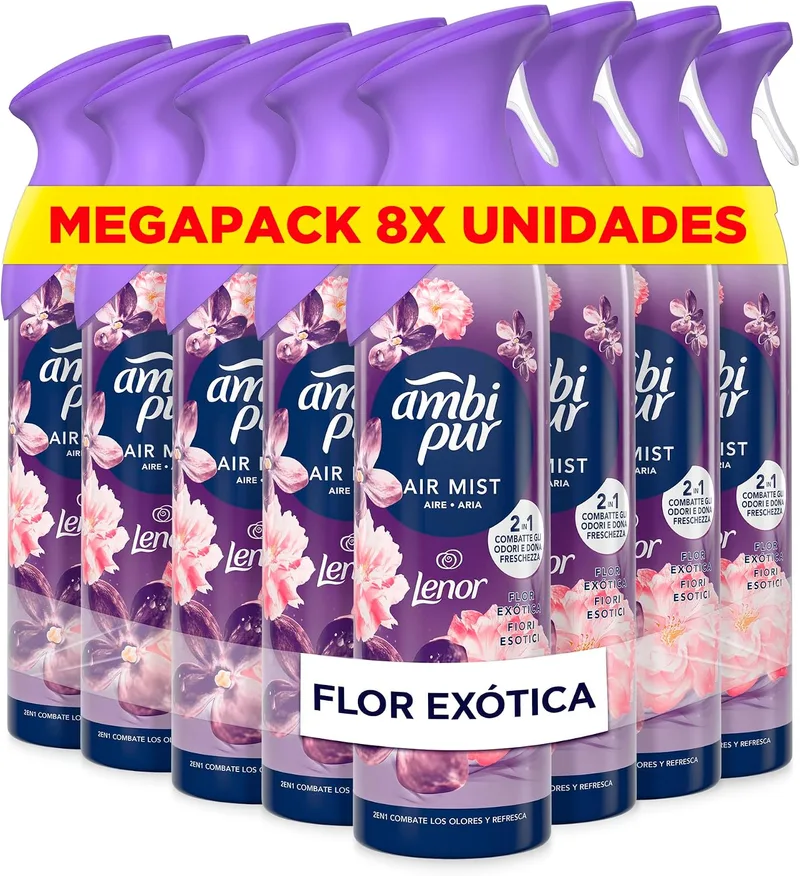 AMBIPUR ▫️ Flor Exótica - Ambientador em spray 185 ml x 8, com uma fragrância duas vezes mais duradoura que elimina os odores e deixa um aroma fresco e leve | 2 em 1: combate os odores e refresca