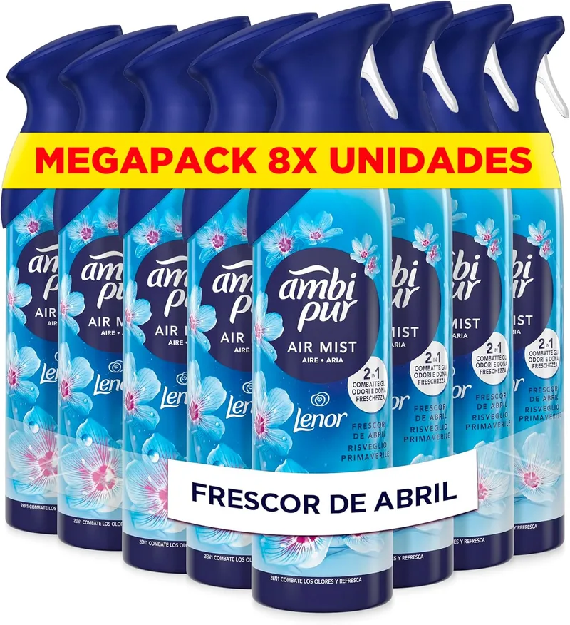 AMBIPUR ▫️ Ambi Pur Ambientador em Spray Lenor Frescor de Abril 8 x 185 ml | 2 em 1: combate os odores e refresca