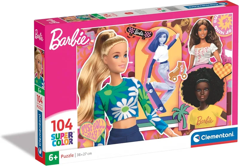 Clementoni ▫️ Puzzle - Barbie - Puzzle infantil Supercolor de 104 peças, para crianças dos 6 aos 8 anos, desenvolve a concentração mental e a lógica, 25753