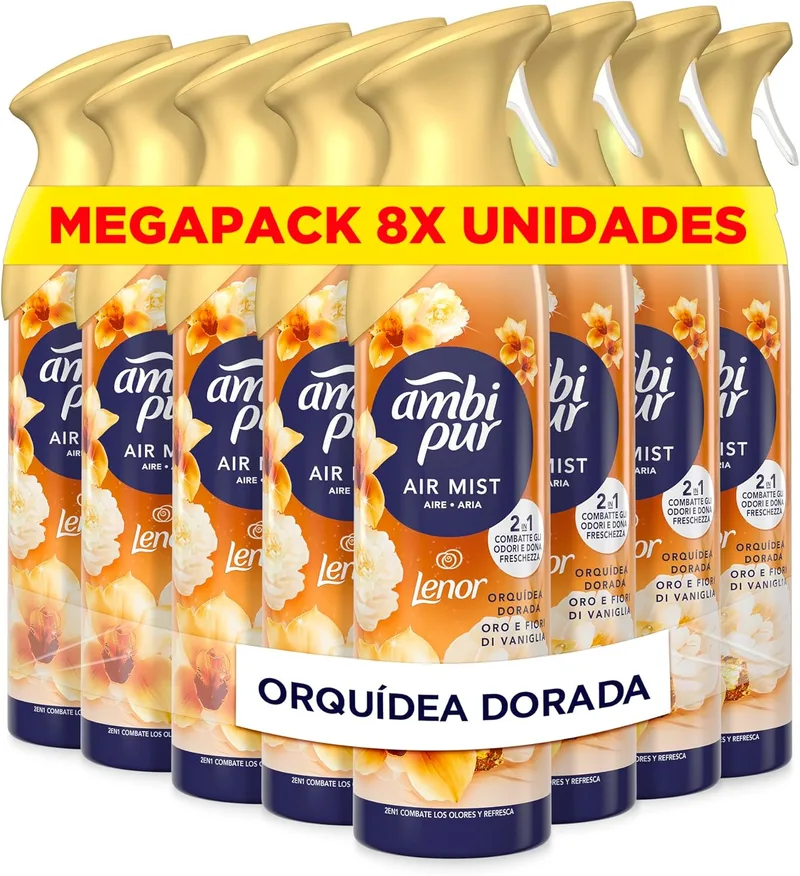 AMBIPUR ▫️ Golden Orchid Air Freshener Spray 185ml x 8, com uma fragrância duas vezes mais duradoura que elimina os odores e deixa um aroma fresco e leve.