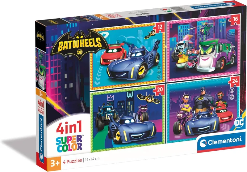 Clementoni ▫️ Puzzle - Batwheels - Puzzle infantil 4 em 1 (1 Puzzle 12 peças, 1 Puzzle 16 peças, 1 Puzzle 20 peças e Puzzle 24 peças), Crianças 3-5 anos, Carros, 21529