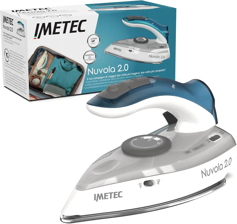 Imetec ▫️ Nuvola 2.0 - Ferro de engomar a vapor de viagem - Base em aço inoxidável - 1000 watts - Compacto e leve - Pega dobrável - Mala de viagem - Dupla tensão - Jato de vapor de 80 g