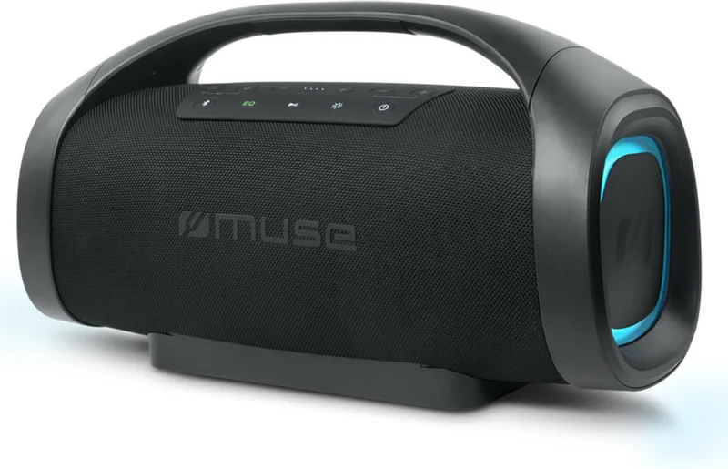 Muse ▫️ M-980 BT. Altifalante Bluetooth portátil com 300 W de potência de saída. Par estéreo IPX6. Regulação de graves e agudos. Ecrã indicador do nível de carga da bateria, USB, entrada auxiliar. 2 tomadas para microfone. Cor: preta