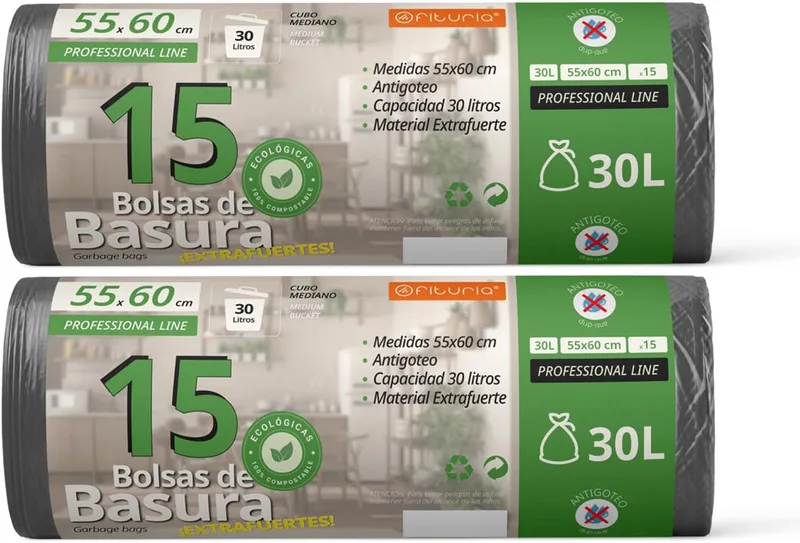 OFITURIA ▫️ Sacos do Lixo, 30L Sacos do Lixo, Resistentes, 100% Material Reciclado e Reciclável, Anti-gotejamento, Sacos de Fecho Fácil, Adequados para Todo o Tipo de Resíduos, 55x60 cm - (30 sacos, 30L)