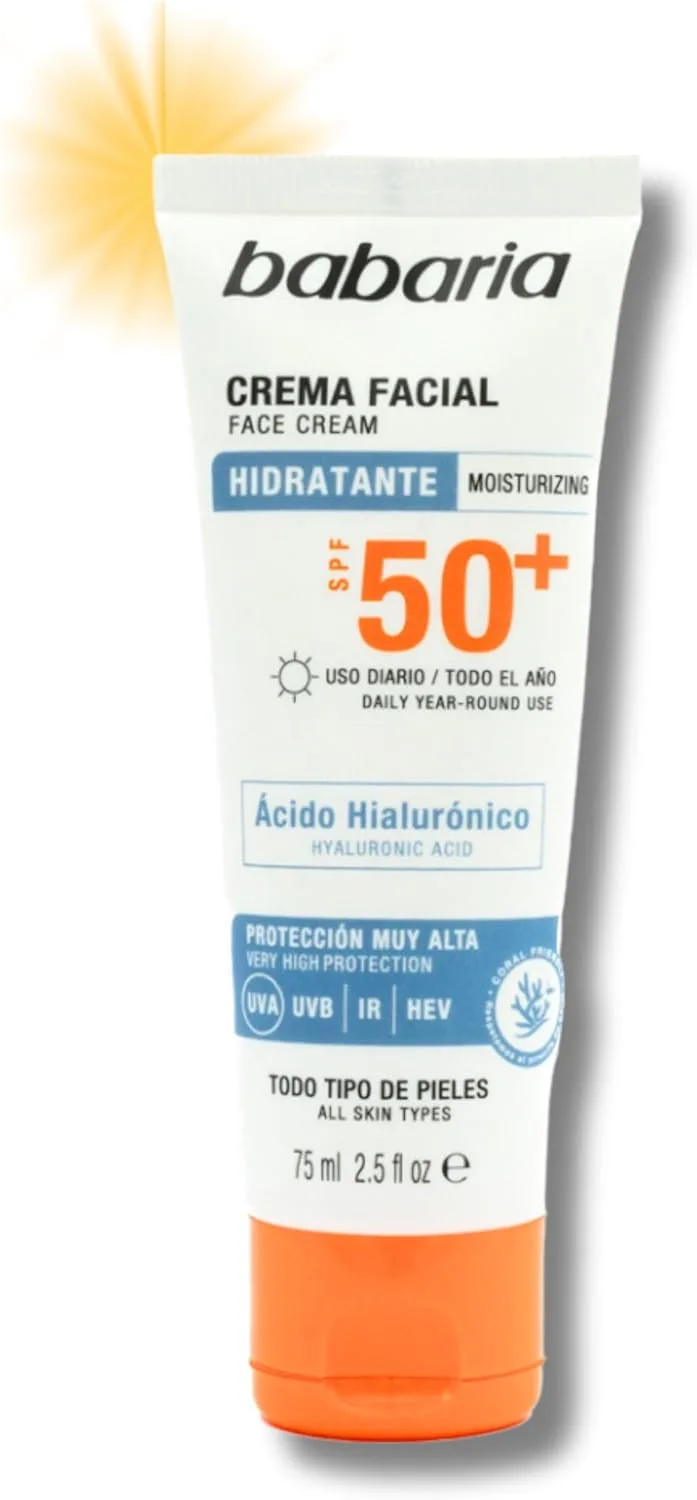 Babaria ▫️ Protetor solar facial com ácido hialurónico 50+ | Creme hidratante de rosto para homem e mulher | Ácido hialurónico | Protetor solar | Proteção muito elevada da uva