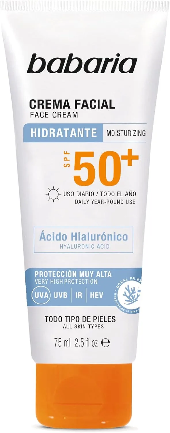 Babaria ▫️ Creme Solar Facial FPS 50+ com Ácido Hialurónico 75 ml – Hidratante, Antirrugas e Antimanchas | Protetor Solar Facial FPS 50 com proteção contra os raios UVA, UVB e infravermelhos