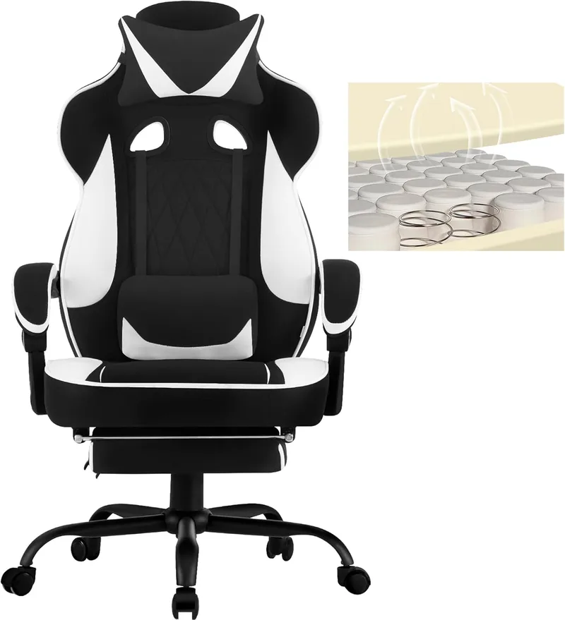 WOLTU ▫️ Cadeira para jogos em tecido respirável, cadeira ergonómica para jogadores com apoio para os pés, cadeira giratória para videojogos, cadeira de escritório com assento largo e confortável para pessoas grandes, preto + branco