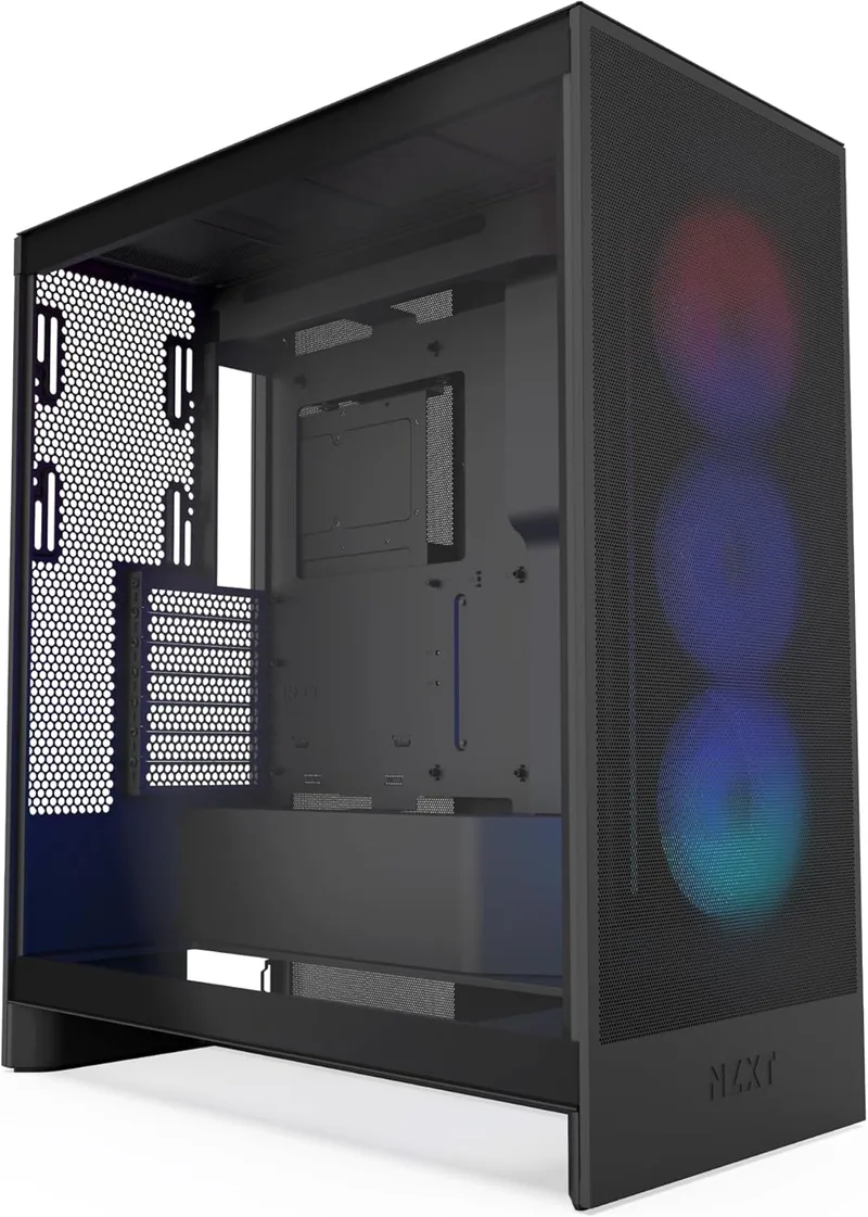 NZXT ▫️ H7 Flow RGB, 2024, caixa semitorre ATX com fluxo de ar e ventoinhas RGB, compatível com ventoinhas inferiores para a placa gráfica, com conjunto de ventoinhas de 360 mm com estrutura simples, preto
