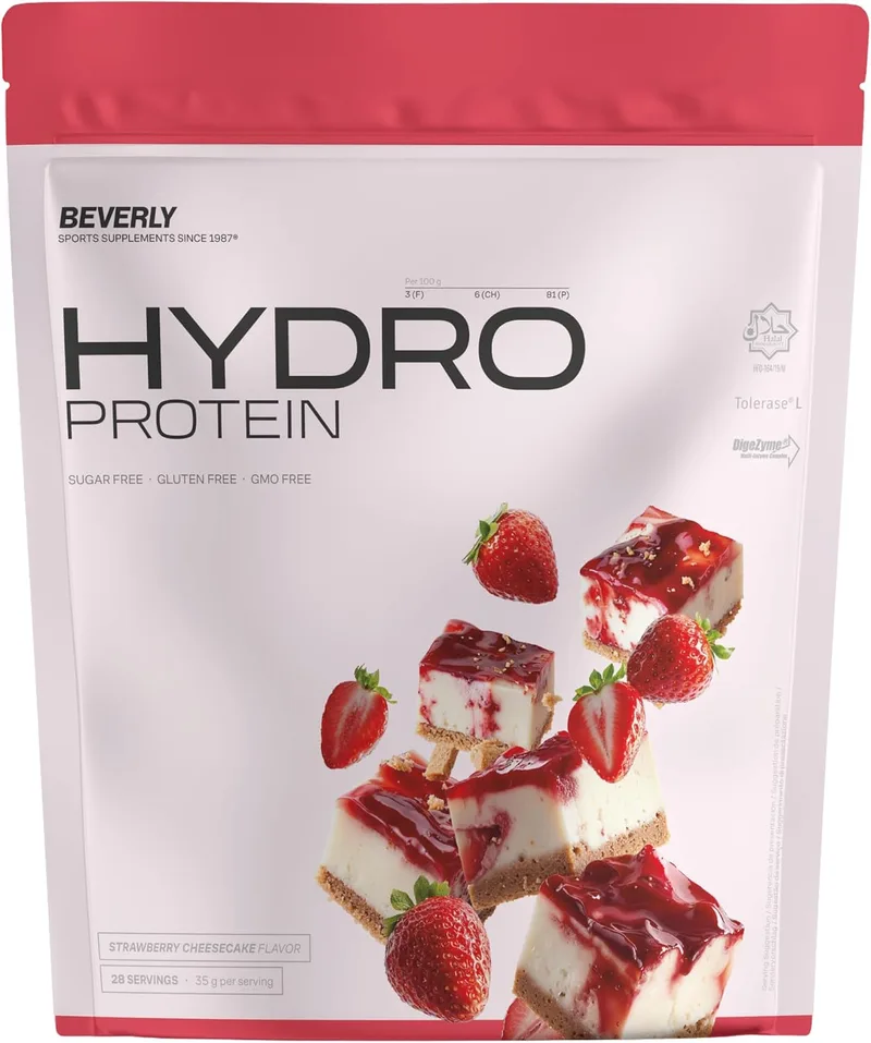 Beverly Nutrition ▫️ Beverly HYDRO PROTEIN – Proteína hidrolisada de soro de leite com DigeZyme® e Tolerase® | 29 g de proteína por dose | 1 kg (28 doses) | Alta digestibilidade (Tarte de queijo e morango)