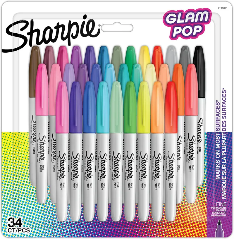 Sharpie ▫️ Marcadores permanentes Glam Pop | Ponta fina para detalhes ousados | Cores variadas | 34 marcadores