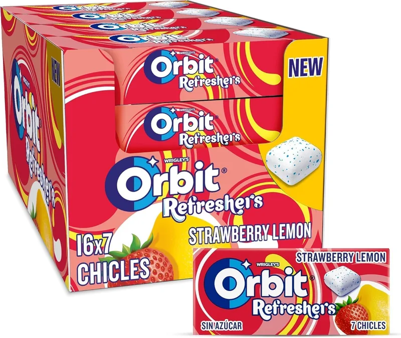Orbit ▫️ Refreshers Morango e Limão Handypack Pastilhas elásticas sem açúcar em cápsulas, 16 caixas de 7 unidades