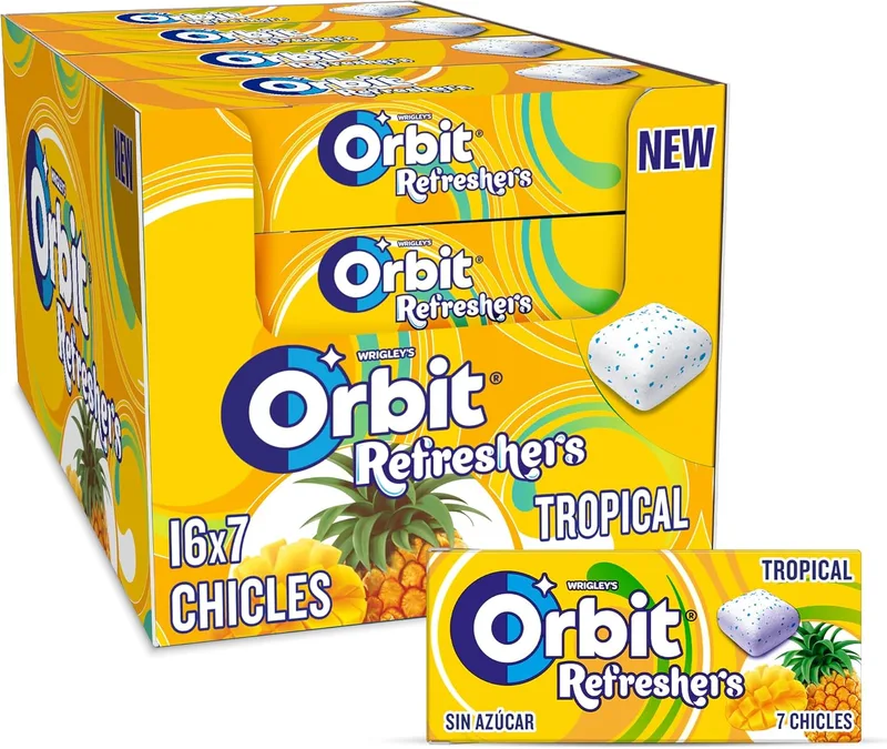 Orbit ▫️ Refreshers Pastilhas elásticas sem açúcar com sabor tropical em embalagem Handypack, 16 x 7 unidades