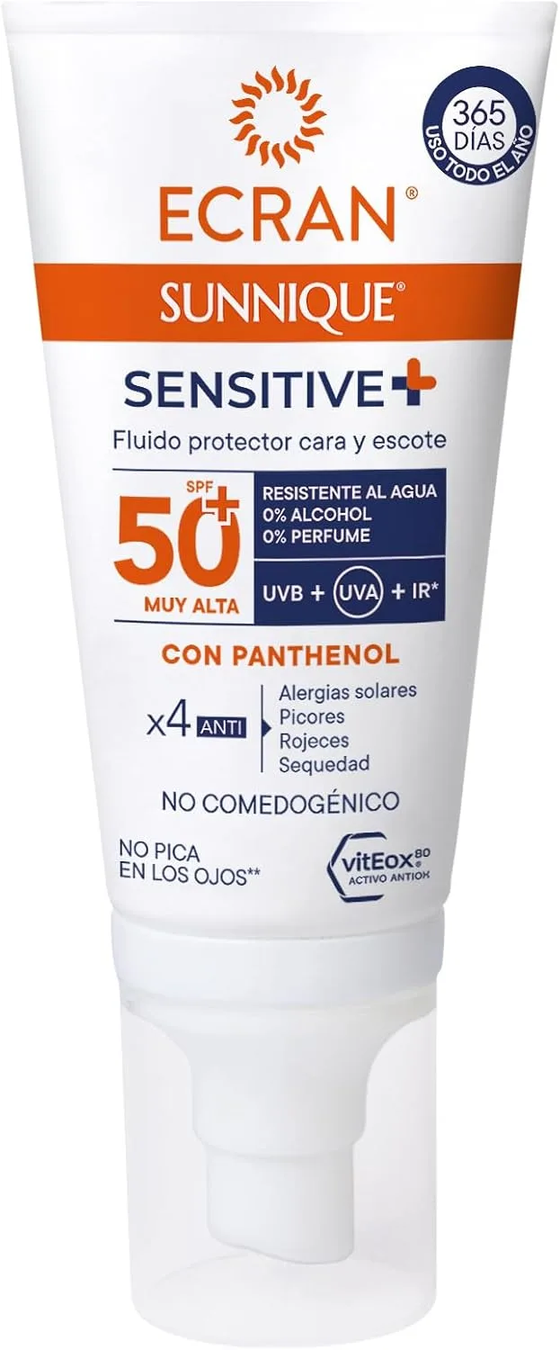 Ecran ▫️ Sunnique Sensitive - Fluido protetor para o rosto e pescoço SPF +50 | Fórmula Pantenol, resistente à água, sem perfume e sem álcool para peles sensíveis | 50ml