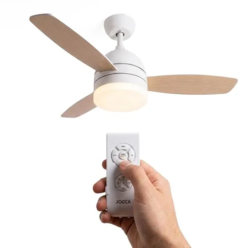 Jocca ▫️ Ventilador de teto com luz LED regulável | Ventilador branco com acabamento em imitação de madeira natural | Comando à distância | 3 velocidades | 70 W | Temporizador | Diâmetro 106 cm | 2