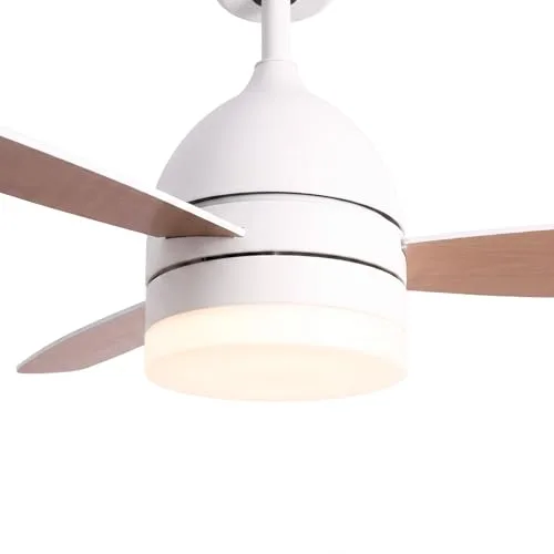 Jocca ▫️ Ventilador de teto com luz LED regulável | Ventilador branco com acabamento em imitação de madeira natural | Comando à distância | 3 velocidades | 70 W | Temporizador | Diâmetro 106 cm | 3