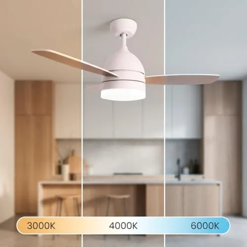 Jocca ▫️ Ventilador de teto com luz LED regulável | Ventilador branco com acabamento em imitação de madeira natural | Comando à distância | 3 velocidades | 70 W | Temporizador | Diâmetro 106 cm | 6