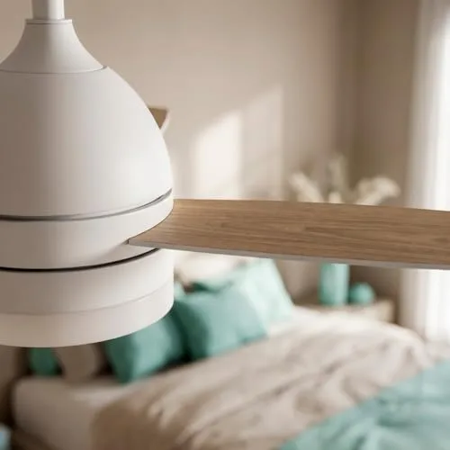 Jocca ▫️ Ventilador de teto com luz LED regulável | Ventilador branco com acabamento em imitação de madeira natural | Comando à distância | 3 velocidades | 70 W | Temporizador | Diâmetro 106 cm | 7