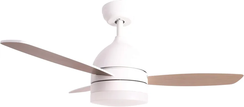 Jocca ▫️ Ventilador de teto com luz LED regulável | Ventilador branco com acabamento em imitação de madeira natural | Comando à distância | 3 velocidades | 70 W | Temporizador | Diâmetro 106 cm |