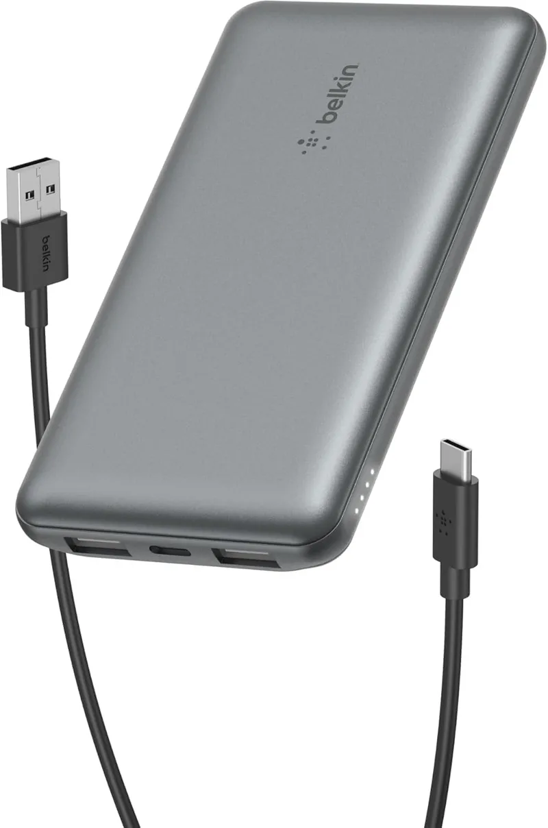 Bateria externa portátil Belkin 10000mAh, carregador externo USB-C com 1 porta USB-C e 2 portas USB-A, banco de potência de 15 W, bateria portátil para iPhone, Galaxy, Pixel, AirPods, iPad - cinzento espacial
