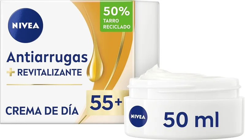 NIVEA ▫️ Creme de Dia Revitalizante Anti-Rugas 55+ - Com Óleo de Argão, Cálcio e Filtros UV FP15 - Reduz as rugas e as rídulas - Melhora a vitalidade da pele - Hidrata - Pele madura - 50 ml