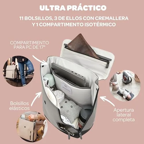 Béaba ▫️ Mochila-mudador para bebé, Mochila, Impermeável, 11 bolsos, Mochila-mudador para bebé, Borracha reciclada, Respirável, Alças e parte traseira almofadadas, Bolso isotérmico, PC 17 polegadas, 19 L, Oslo Bag 3