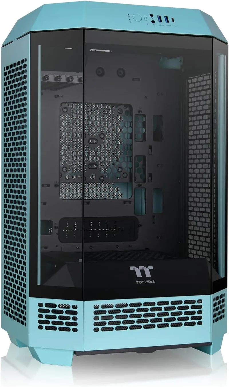 Thermaltake ▫️ The Tower 300 : Micro Tower m-ATX Octagonal : 2 ventoinhas de 140 mm pré-instaladas : Ventilação vertical : Compatível com radiador de 420 mm e até 8 ventoinhas : Turquesa