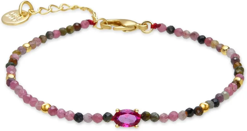 LUXENTER ▫️ Pulseira para mulher em liga metálica com turmalina multicolorida, cor dourada, acabamento em ouro amarelo de 18k, fecho de mosquetão, comprimento 16 cm + 3 cm com extensão. Modelo Baim. Joias para mulher