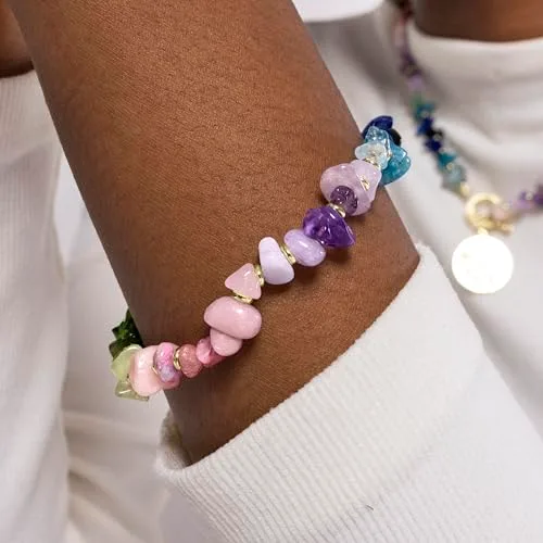 LUXENTER ▫️ Pulseira para mulher em liga metálica com fluorita, cor dourada, acabamento em ouro amarelo de 18 quilates, fecho de alavanca, comprimento 16 cm + 3,5 cm de extensão, modelo Diri 2