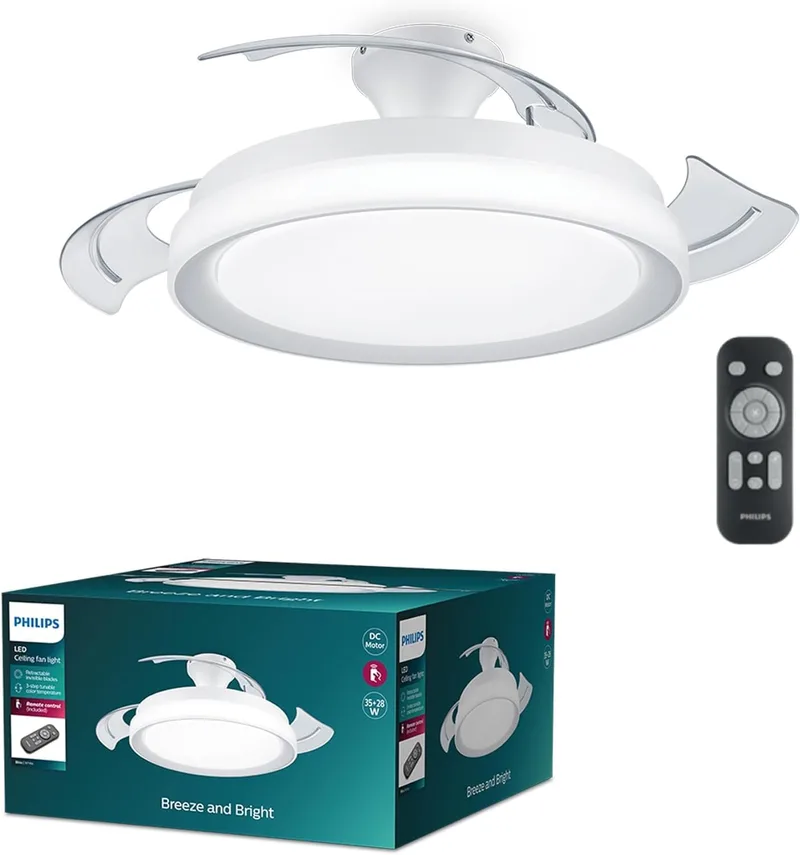 Philips ▫️ Bliss Ventilador de teto com luz LED 28W, motor DC (35W), lâminas retrácteis, branco, 3 temperaturas de luz, controlo remoto incluído, modo inverno/verão, (versão 2024)