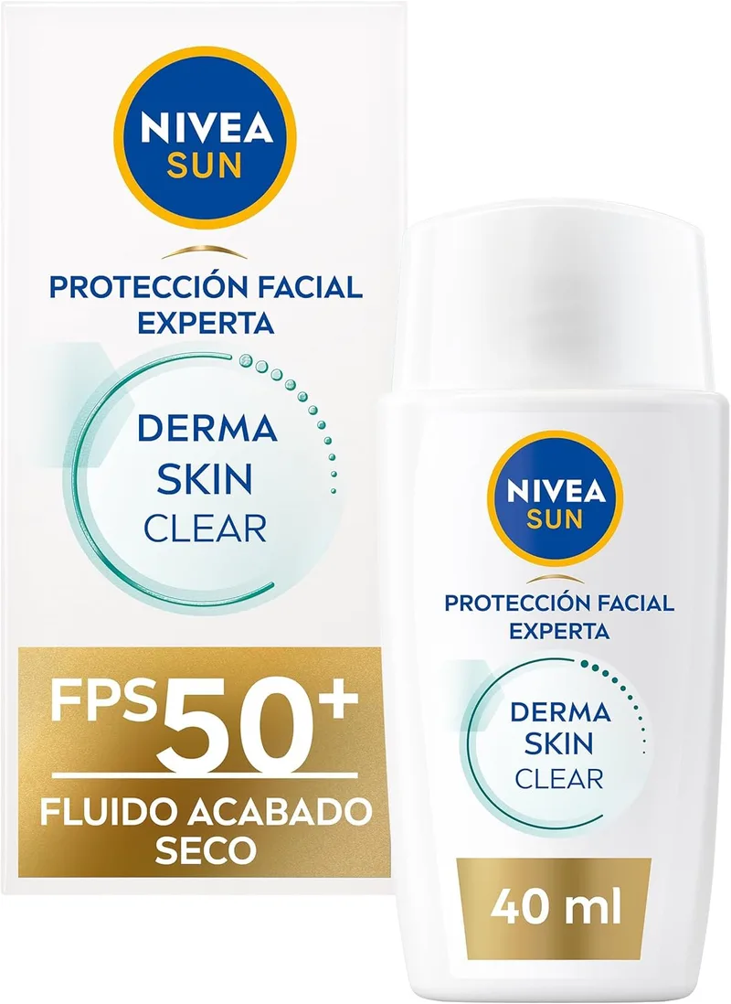 NIVEA SUN ▫️ Derma Skin Clear - Fluido Acabamento Seco SPF 50+ - Creme Protetor Solar para o Rosto 50 - Licochalcona A e Niacinamida - Proteção Solar Anti-Blemish e Anti-Brilho - Pele Normal a Oleosa - 40 ml