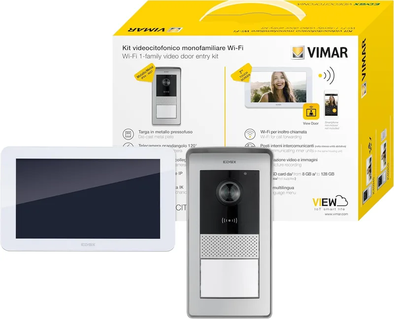 Vimar ▫️ K42945 Kit de videoporteiro inteligente com videoporteiro Wi-Fi com ecrã tátil, placa de áudio/vídeo, fonte de alimentação com fichas intercambiáveis padrão UE, BS, EUA, AU e suportes de montagem