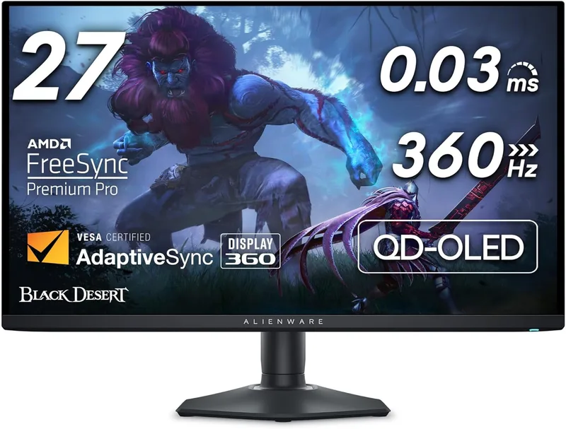 Alienware ▫️ Monitor para jogos AW2725DF 27" QHD (2560x1440), 360 Hz, QD OLED, 0,03 ms, AMD FreeSync Premium Pro, 99,3% DCI-P3, HDR400, USB-C, 2X DisplayPort, HDMI, 4X USB, 3 anos de garantia