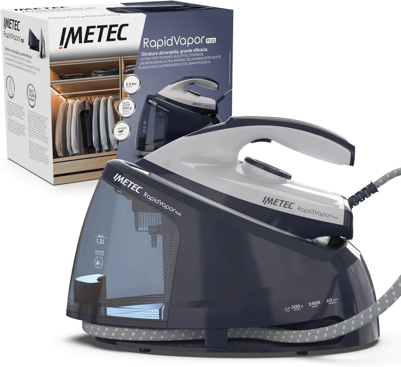 Imetec ▫️ Rapidvapor Plus - Ferro de engomar a vapor, pronto a usar em 1 minuto, depósito de 1,2 L, sola com revestimento Fluid Ceramic, jato de vapor de 300 g, pressão de bombeamento de 5,5 bar