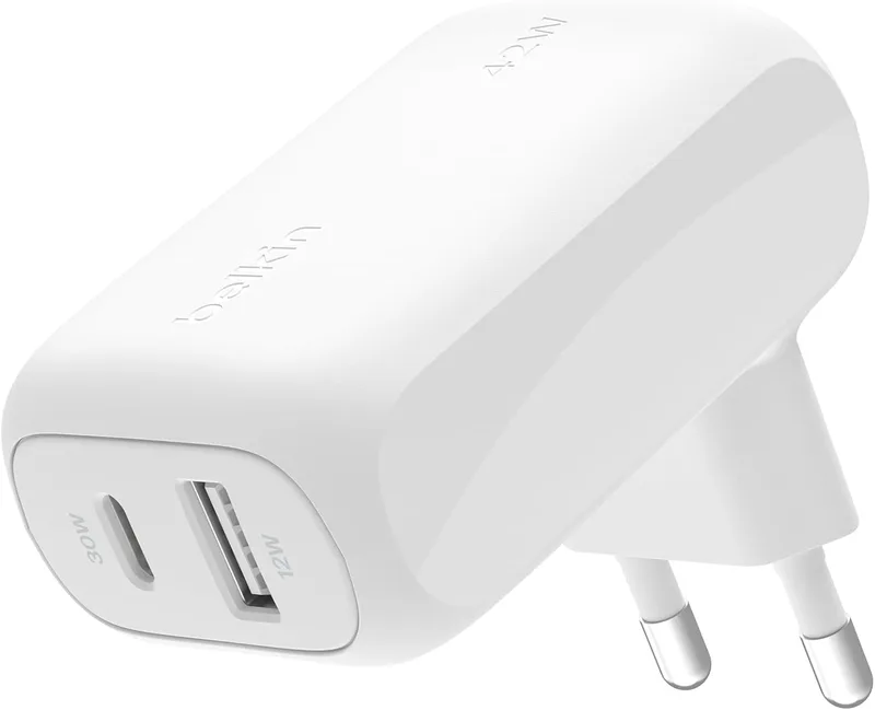 Carregador de parede de porta dupla Belkin BoostCharge com 42 W, USB-C e USB-A, carregamento rápido, para iPhone 16, Série 15, Samsung Galaxy S24, S23, Note, Google Pixel, iPad, MacBook e AirPods, branco