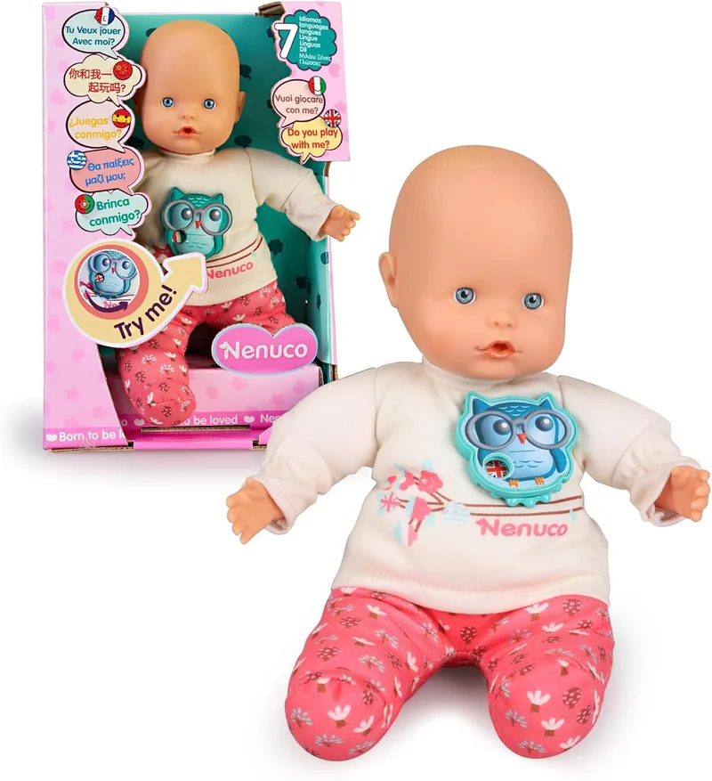 Nenuco ▫️ Boneca interactiva que fala 7 línguas, com mecanismo em forma de coruja para mudar de língua, pode falar 35 frases diferentes, meninas e meninos de 3 anos, Famosa (NFN78000)
