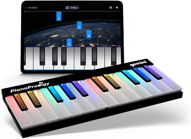Gemini ▫️ Sound PianoProdigy Teclado MIDI sem fios iluminado de 24 teclas GPP-101, Deve ser ligado a um dispositivo iOS/Android para emitir som, Expansível, Bluetooth, portátil