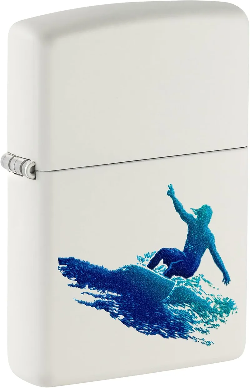 Zippo ▫️ Isqueiro à Prova de Vento - Modelo Surfing - Acabamento Branco Mate com Imagem a Cores - Recarregável - Reutilizável - Design à Prova de Vento - Caixa de Presente - Fabricado nos EUA